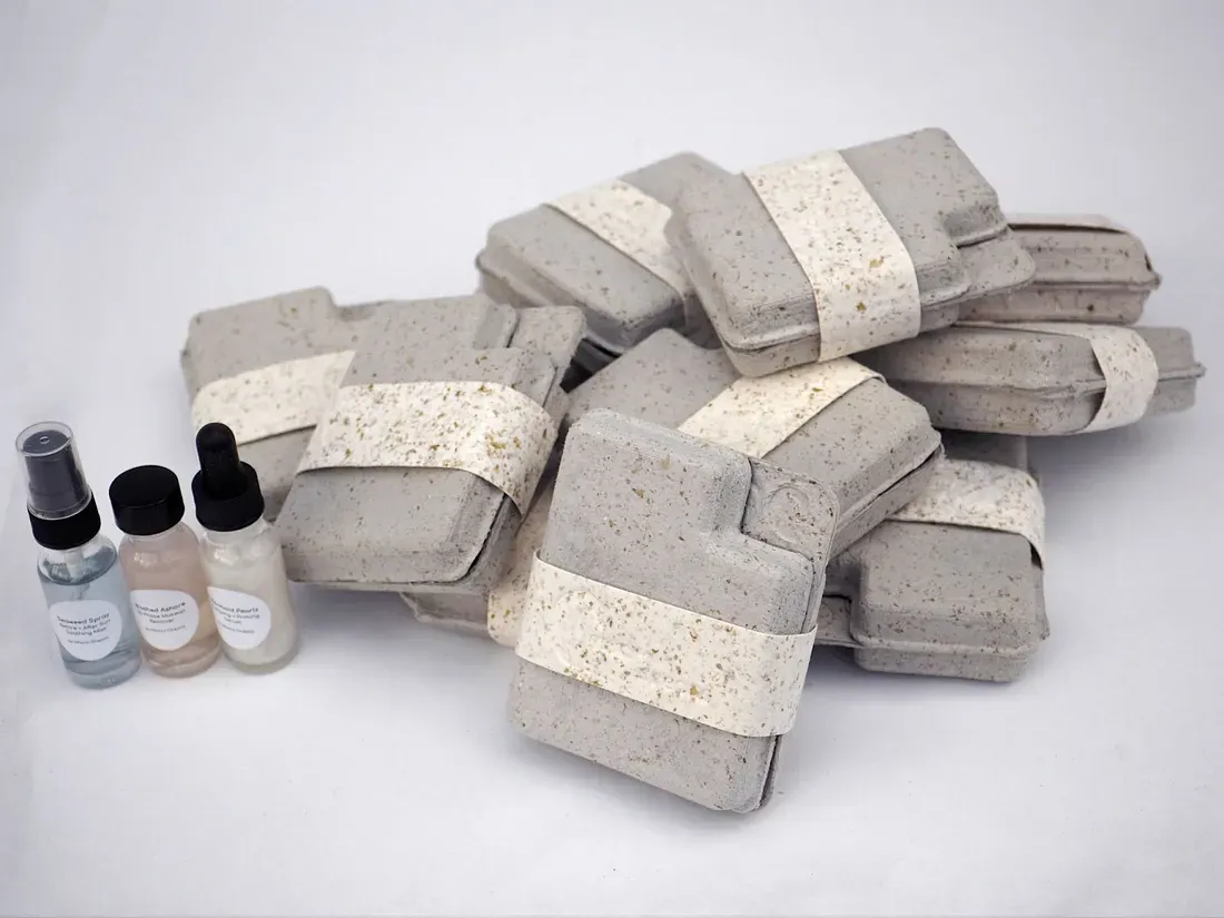 Seaweed paper packaging prototypes for Macro Oceans.