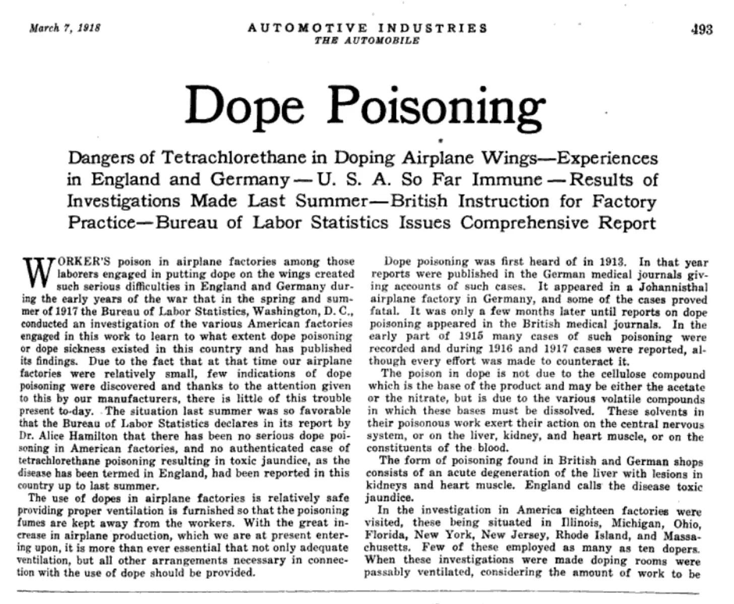 1918 Automotive Industries article on the dangers of aircraft dope solvents to airplane factory workers